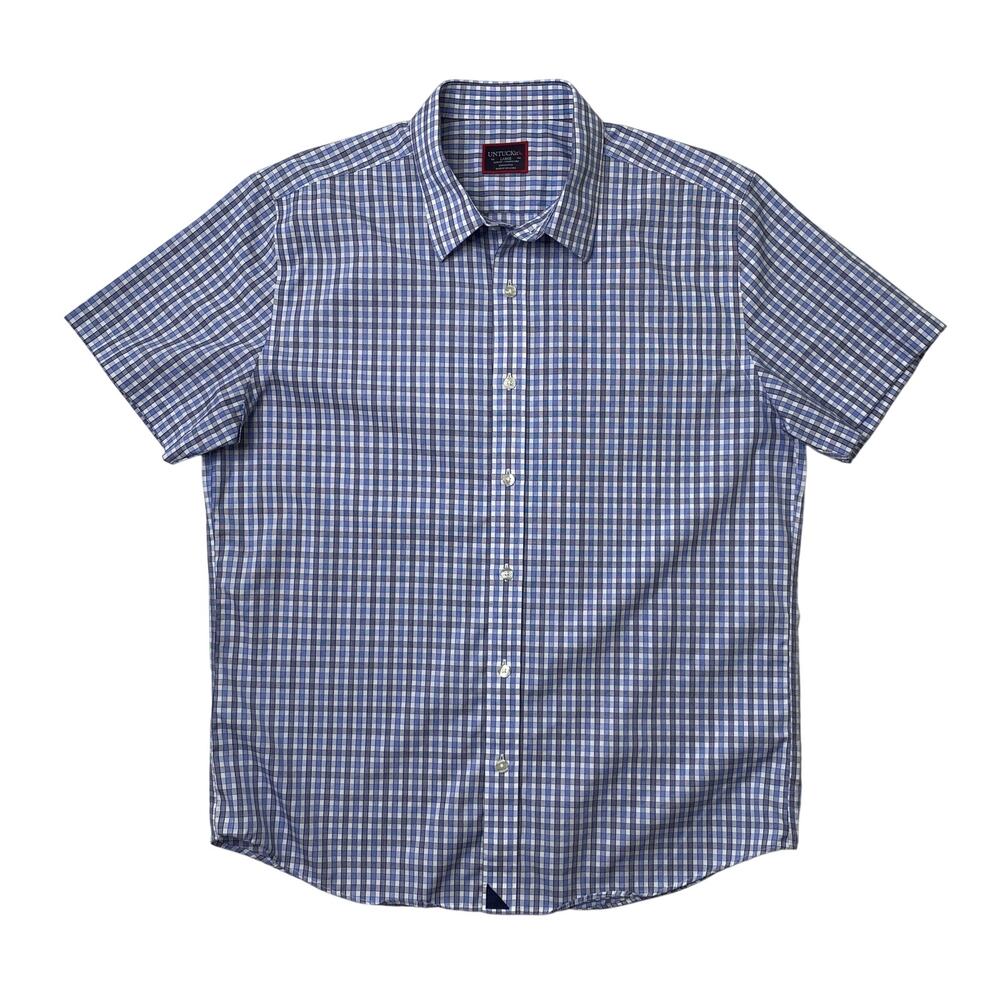 Untuckit Shirt Mens L Large Blue White Dante Wrinkle Free Slim Fit Plaid Stretch
